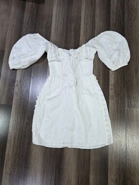 Sabo Linen Off-Shoulder Puff Sleeve Cutout White Mini Dress Romantic Milkmaid.XS